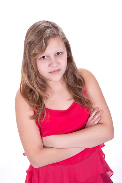 Retrato de uma menina, criança, com um vestido rosa, com b branco — Fotografia de Stock