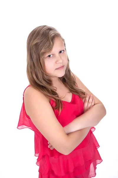 Portréja egy fiatal lány, egy rózsaszín ruha, oldalra, fehér — Stock Fotó