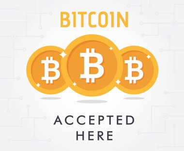 Bitcoin kabul edilen vektör. Bitcoin madeni para ve metin bitcoin burada kabul. Bitcoin ödeme vektör çizim