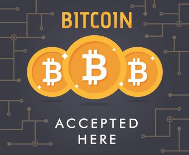 Bitcoin kabul edilen vektör. Bitcoin madeni para ve metin bitcoin burada siyah arka plan üzerine kabul. Bitcoin ödeme vektör çizim