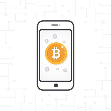 Düz tasarım smartphone ve altın bitcoin para. Vektör çizim düz çizgi stili ve diğer para birimleri bir iz. Cryptocurrency teknoloji