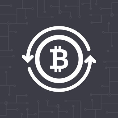 Daire oklarla beyaz bitcoin sembolü. cryptocurrency bitcoin simgesi. Dijital para vektör çizim