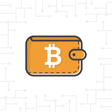 Sikke üzerinde beyaz arka plan ile vektör kahverengi bitcoin cüzdan. Bitcoin m-cüzdan ile bitcoin belirtisi. Düz modern tasarım konsepti Kripto para birimi teknoloji