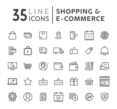 E-ticaret modern düz ince simgeler vektör kümesi. Satır Icons set gerekebilir. E-ticaret ve alışveriş vektör simgeleri ayarlayın. Web Icons set anahat. Vektör çizim