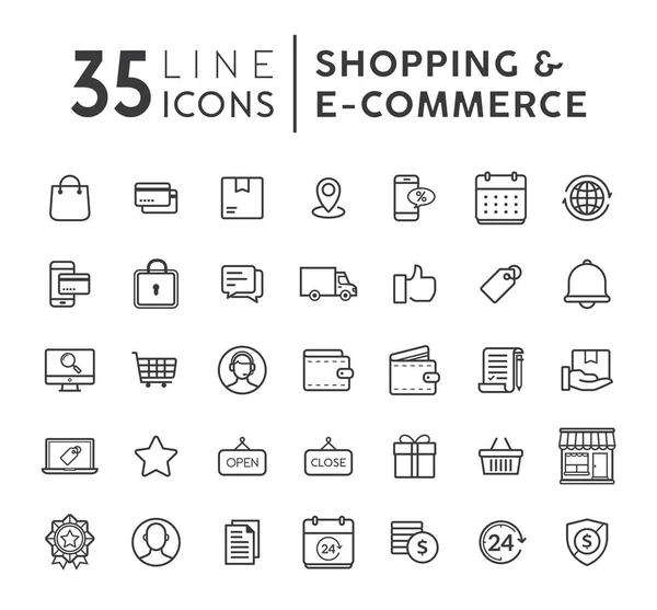 E-ticaret modern düz ince simgeler vektör kümesi. Satır Icons set gerekebilir. E-ticaret ve alışveriş vektör simgeleri ayarlayın. Web Icons set anahat. Vektör çizim