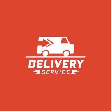 Teslim hizmeti ile kamyon van kırmızı zemin üzerine. Online alışveriş için teslimat etiket. Dünya çapında nakliye. Vektör çizim