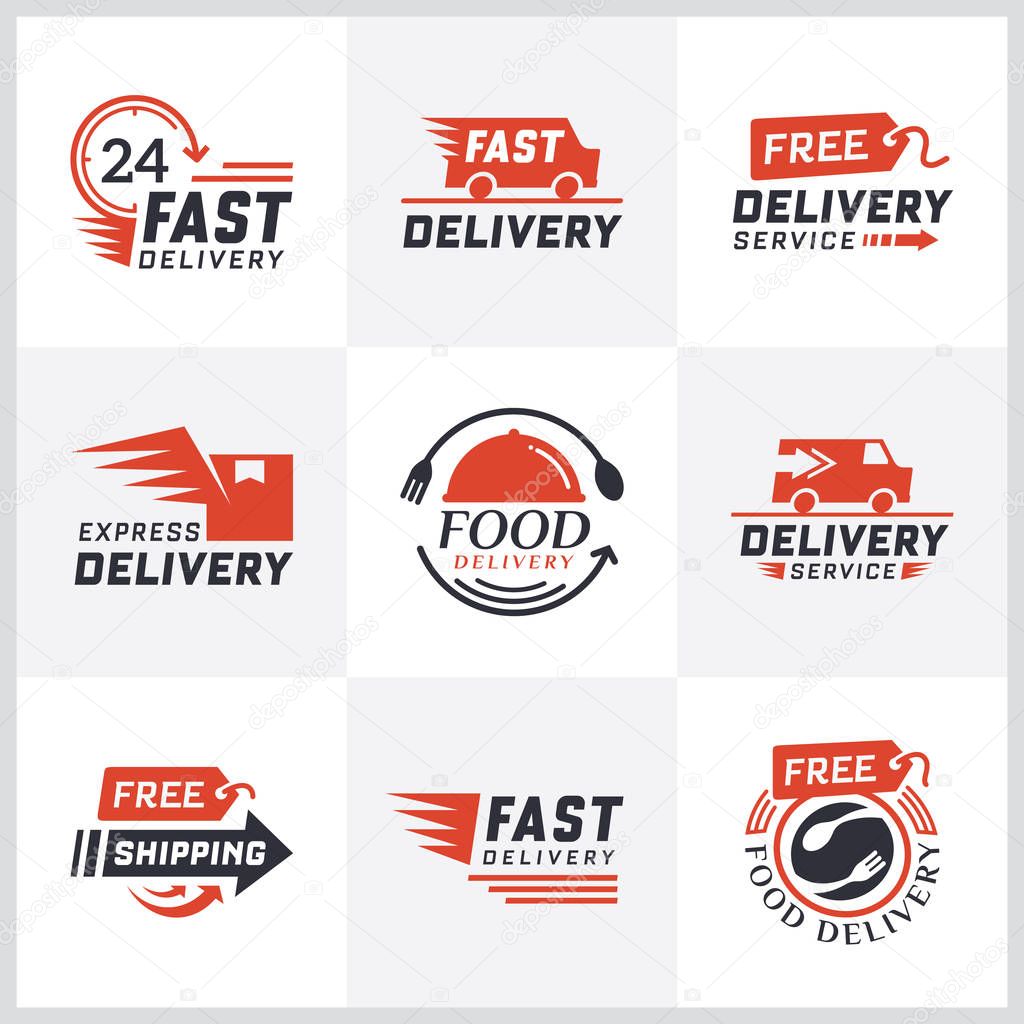 Set of delivery labels for online shopping. Worldwide shipping, Delivery signs and logo. Signs and labels free delivery. Fast delivery logotype. Delivery service icons. Food delivery design