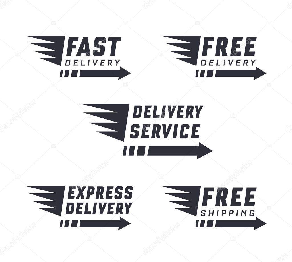 Set of delivery text signs and label. Vector set of delivery service on white background. Free delivery, free shipping labels. Illustration of shipments and free delivery