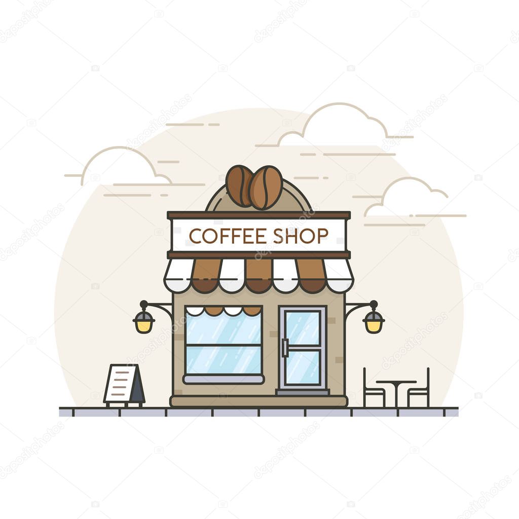 Coffee shop. Flat style coffee shop building with background of silhouette city. Coffee shop store building in flat design. Coffee break shop illustration