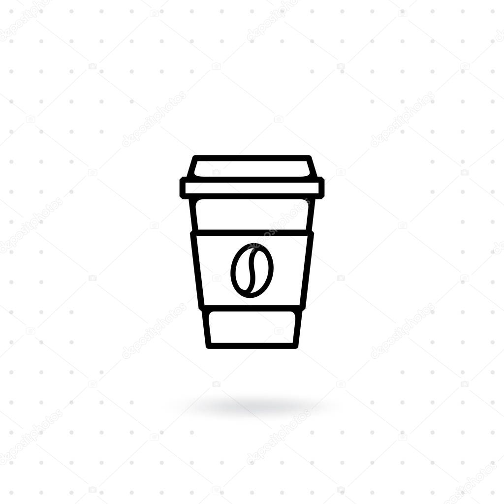 Coffee cup icon. Take away coffee cup icon. Disposable coffee cup icon vector illustration. Coffee to go icon on white background. Coffee cup icon with bean symbol in flat line style