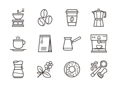 Kahve vektör hat simgelerin basit. İnce çizgi stili simgeler koleksiyon kahve. Cafe vektör simgeler. Vektör çizim