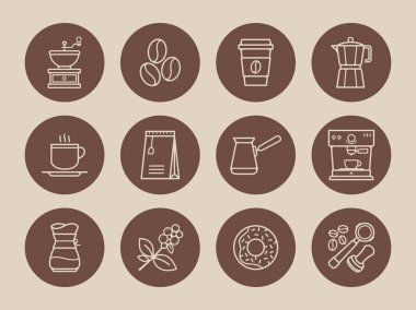 Kahve basit yuvarlak vektör simgeler. İnce çizgi stili simgeler koleksiyon kahve. Cafe vektör simgeler. Vektör çizim