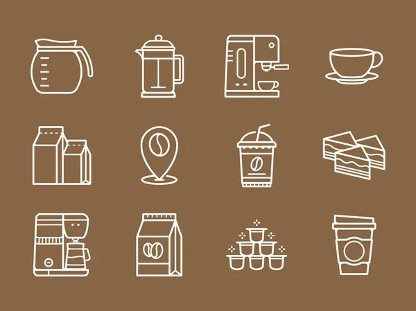 Koffie Overzicht Pictogrammen Met Bruine Achtergrond Koffie Collectie Iconen Dunne — Stockvector