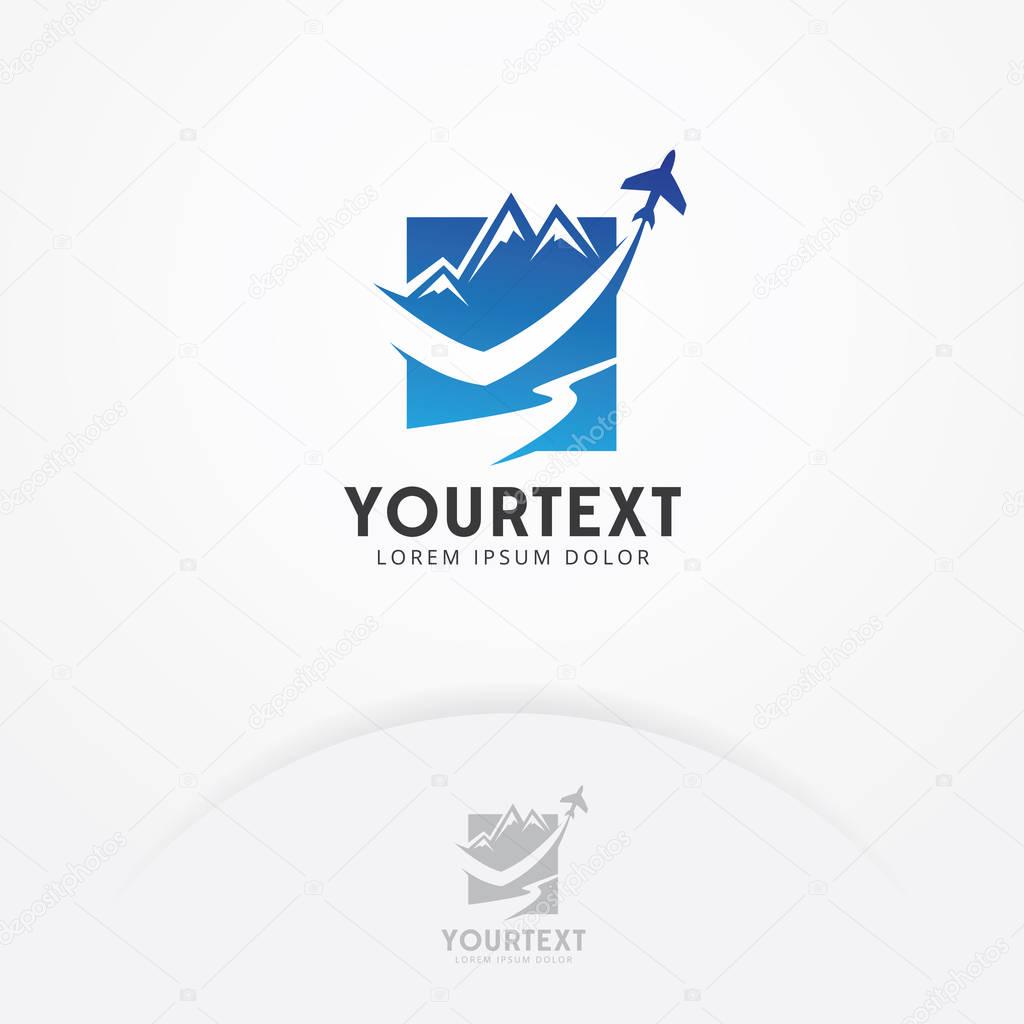 Travel logo design. Vector logo design for travel agencies, tours, tickets, vacations. Flight plane with mountain and river views. Vector logo template