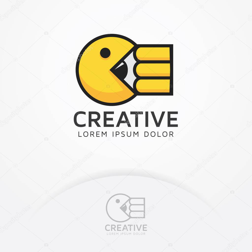 Eat creativity. The iconic illustrations of the arcade game eat the pencil. Illustration of Pacman arcade game, Pacman eating pencil - Vector logo template