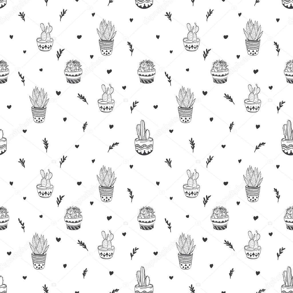Hand drawn seamless pattern with cactuses and succulents