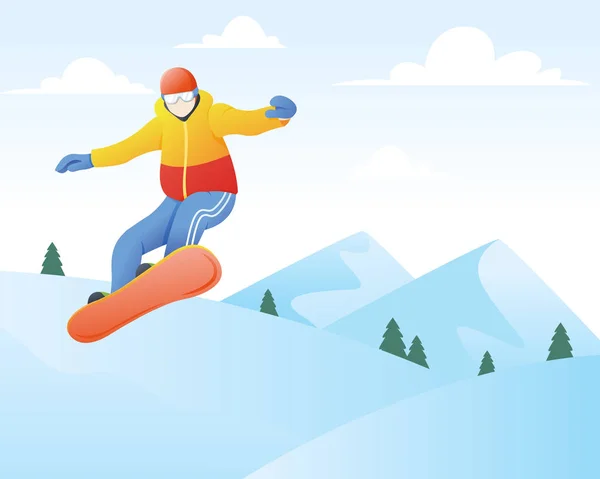 スノーボーダーのベクトルイラスト。冬のスポーツとレクリエーション、冬のマウンテンスポーツ活動 — ストックベクタ