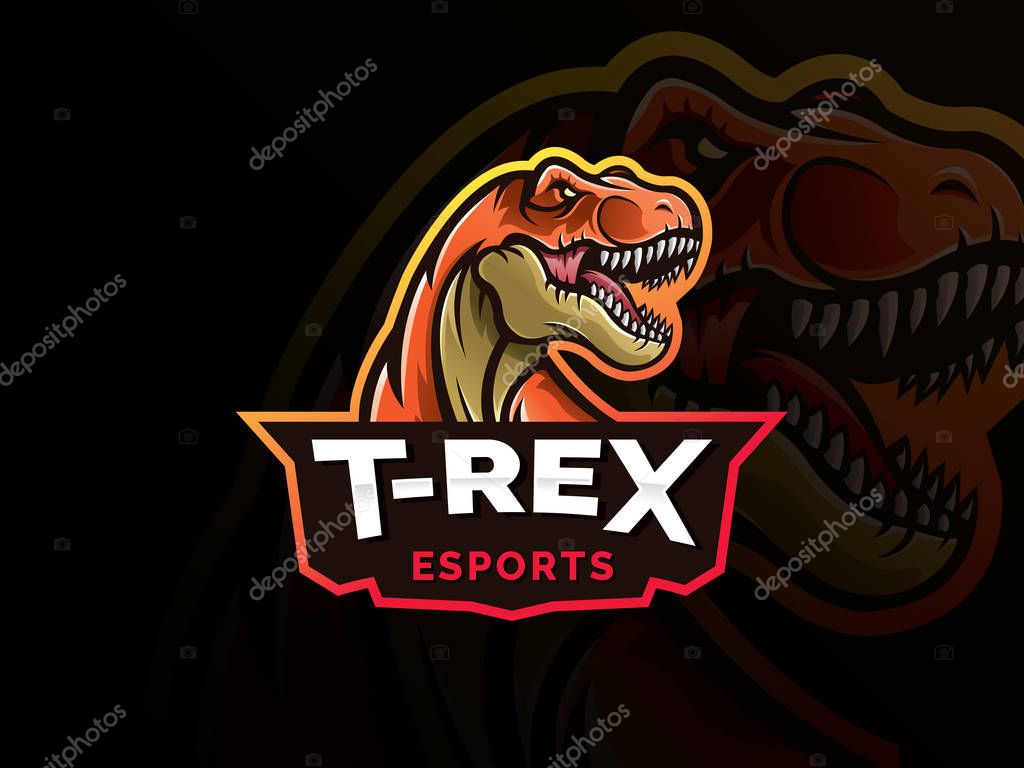 T-Rex Head mascot sports logo. T Rex Head mascot sports emblem illustration with hand. Tyrannosaur logo and mascot for eSport team. Sports logo template