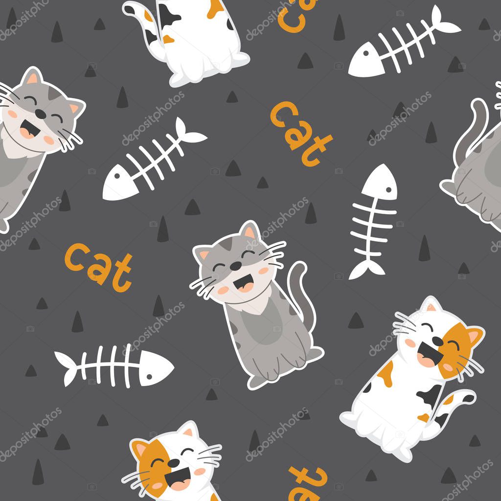 Vector seamless pattern Cute cat smiling