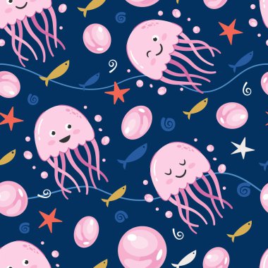 Vector seamless pattern Cute jellyfish