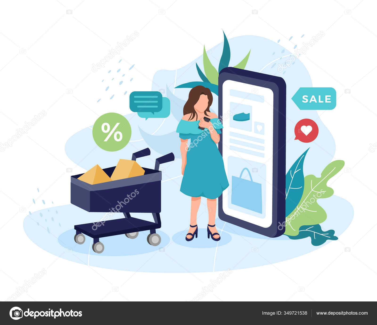 Vector Illustration Young Woman Shopping Online Mobile Online