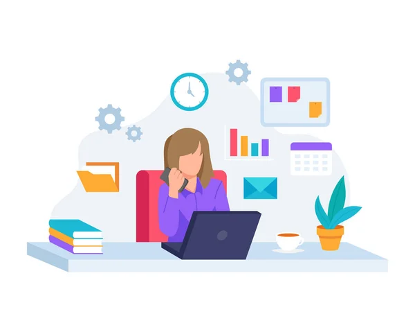 Vector Illustration Young Woman Working Laptop Concept Illustration Working Office — Stock Vector