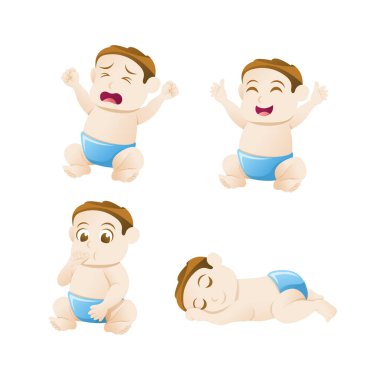 Vektör, farklı duyguları olan şirin bir bebek ayarladı. Çeşitli bebek yüz ifadeleri, bebek bezi olan vektör oğlan. Vektör düz resimleme