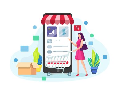Vektör illüstrasyon mobil online alışveriş, kadınlar akıllı telefon ile online alışveriş, mobil alışveriş konsepti. Kadınlar çevrimiçi mağazadan bir şeyler alırlar. Cep telefonundan alışveriş yapmak. Vektör düz resimleme