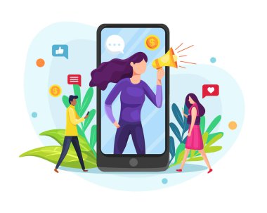 Vektör illüstrasyon Etkisi veya blog yazarı. Cep telefonu, ekranda megafonu olan bir kadın ve onu çevreleyen genç insanlar. Etkileyici, sosyal medya ya da ağ tanıtımı. Vektör düz resimleme