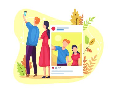 Vektör illüstrasyon Sosyal medya konsepti. Birlikte selfie çeken çiftler, sosyal medyaya fotoğraf yükleyen çiftler. Vektör düz resimleme