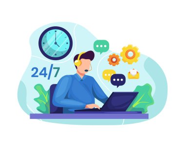 Vektör illüstrasyon Erkek Müşteri Hizmetleri. Yardım hattı operatörü, müşteriye 7 / 24 online küresel teknik destek öneriyor. Erkek müşteri hizmetleri çalışanı müşterilere telefon görüşmelerinde yardım ediyor. Düz Çizim