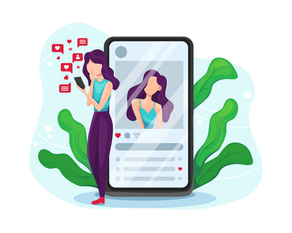 Девушка, пристрастившаяся к социальным сетям и онлайн обратной связи. Зависимость от интернета и социальных сетей. Добавление к утверждению и проверке в Интернете. Концепция социальной сети. Плоская векторная иллюстрация
