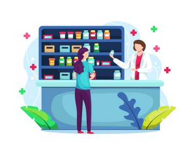 Eczanede vektör illüstrasyon eczacısı. Eczane tezgahında eczane ve ilaç alan insanlar. Mağaza ve Doktor Eczacı ve Hasta. Düz bir şekilde vektör illüstrasyonu