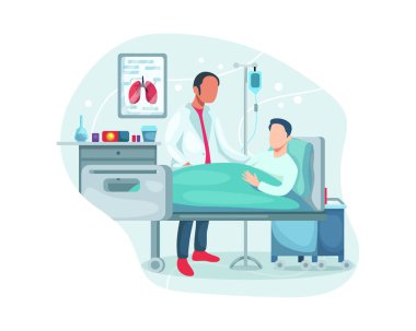 Doktor, hastanın sağlık durumunu kontrol et. Hastayı tedavi eden doktorlar, hastayı hastaneye yatıranlar. Tıbbi yatakta yatan bir hastanın koğuşuna doktor ziyareti. Düz bir şekilde vektör illüstrasyonu