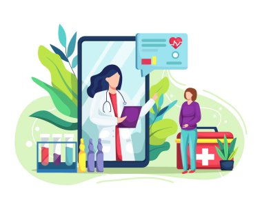 Online tıbbi konsept vektör illüstrasyonu. Doktor ile internet üzerinden tıbbi danışmanlık. Çevrimiçi Doktor, Teletıp, Hastalar İçin Tıbbi Servis. Çevrimiçi Sağlık Hizmetleri. Düz bir şekilde vektör illüstrasyonu