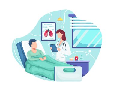 Doktor, hastanın sağlık durumunu kontrol et. Hastayı tedavi eden doktorlar, hastayı hastaneye yatıranlar. Tıbbi yatakta yatan bir hastanın koğuşuna doktor ziyareti. Düz bir şekilde vektör illüstrasyonu