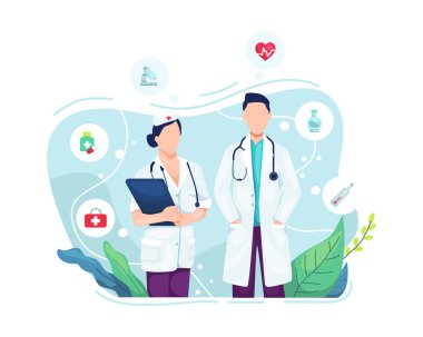 Vektör çizimi, Doktor ve Hemşire. Hastane personeli konsepti, doktor ve hemşire portresi. Vektör düz resimleme