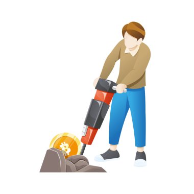 Vektör çizimi Bitcoin madencilik konsepti. Madenci ve bozukluklarla kripto para konsepti. Elinde kaya matkabı olan genç adam Bitcoin madeninde çalışıyor. Düz bir şekilde vektör illüstrasyonu