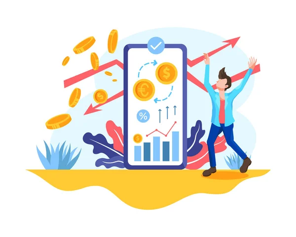 Illustration Vectorielle Concept Change Échange Mobile Bitcoin Ligne Homme Affaires — Image vectorielle