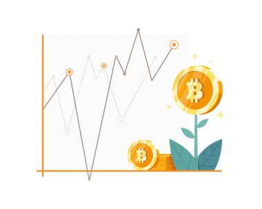Vektör illüstrasyonu Bitcoin finansal konsepti. Bitcoin yatırım kurları değişir. Döviz kurları konsepti, bitcoin fon yatırımı. Düz biçimli vektör illüstrasyonu