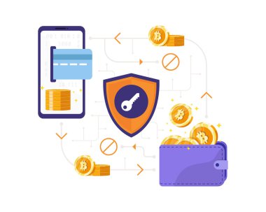 Vektör illüstrasyon Bitcoin işlem konsepti. Kredi kartlı cep telefonu, bitcoin paralı Bitcoin elektronik cüzdan. Düz biçimli vektör illüstrasyonu