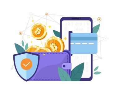 Vektör illüstrasyon Bitcoin cüzdan güvenliği. Bitcoin cüzdanı, dijital kripto para bloklama zinciri, internet bankası, Bitcoins para ticareti. Düz biçimli vektör illüstrasyonu