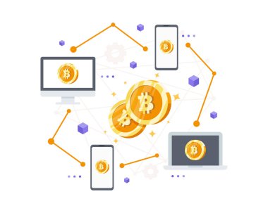 Kripto para birimi ve engelleme teknolojisi konsepti. Finansal teknoloji, bir kullanıcıdan diğerine para transferi. Engelleme zinciri ve bitcoin madencilik teknolojisi konsepti. Düz biçimli vektör illüstrasyonu