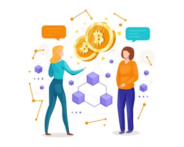 Vektör illüstrasyon bitcoin ve engelleme zinciri için yatırım yapıyor. Kadın bitcoin hakkında soruyor, insanlar bitcoin hakkında düşünüyor ve tartışıyor. Düz biçimli vektör illüstrasyonu