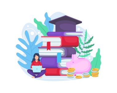 Vector Illustrasyon Bilgi Yatırım. Öğrenci eğitime yatırım yapıyor, öğrenci bilgiye yatırım yapıyor. Finans eğitimi yatırım konsepti. Düz biçimli vektör illüstrasyonu