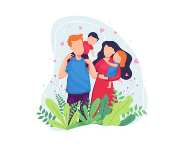 Vektör çizimi. Mutlu aile kavramı. Mutlu aile kucaklaşması, birlikte eğlenmesi. Dört aile üyesinin portresi. Ebeveynler ve çocuklar birlikte poz veriyor. Düz biçimli vektör illüstrasyonu