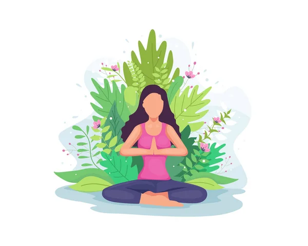 Vector Illustration Woman Doing Yoga Exercise Girl Yoga Lotus Pose — Stock Vector