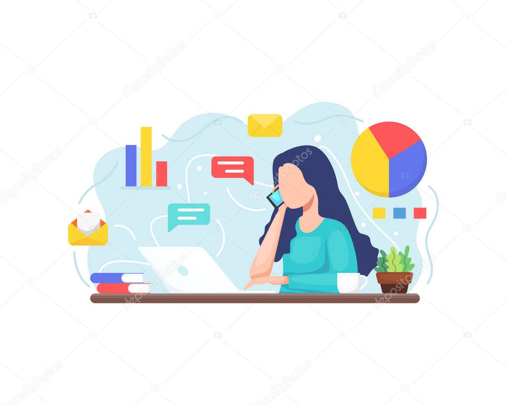 Vector illustration Young woman working with laptop. Concept Illustration of working in office, Multitasking woman Working by answering telephone. Vector flat style illustration