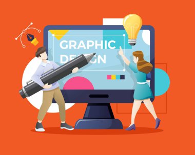 Vektör Genç adam ve kadın grafik editöründe kalemle çizim yapıyorlar. Grafik tasarımcısı işe alma konsepti. Tasarımcılar ya da çiziciler dev bilgisayar ekranında birlikte çalışıyorlar. Düz biçimli vektör illüstrasyonu