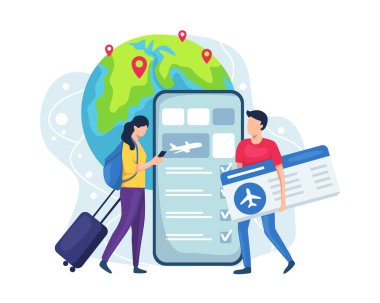 Online bilet rezervasyonu konsepti. Uçakla seyahat eden genç kadınlar, online uçuş biletleri. Erkekler uçuş biletlerini cep telefonu başvurularından alırlar. Tatil ve seyahat, Vektör illüstrasyonu düz stil
